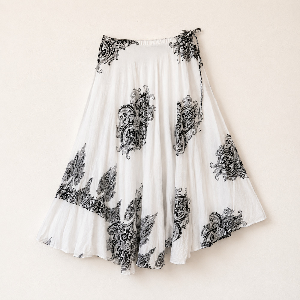 Karma Highway White Black Paisley Cotton Wrap Skirt Retro 70s Boho Gypsy OS